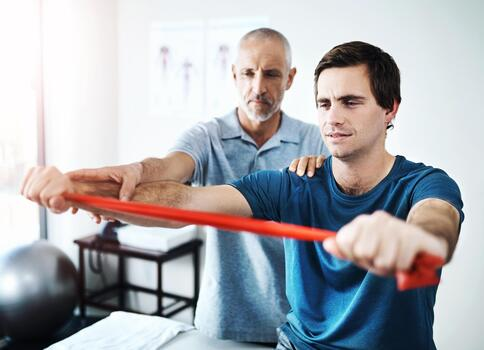 Physiotherapist guiding patient through exercise
